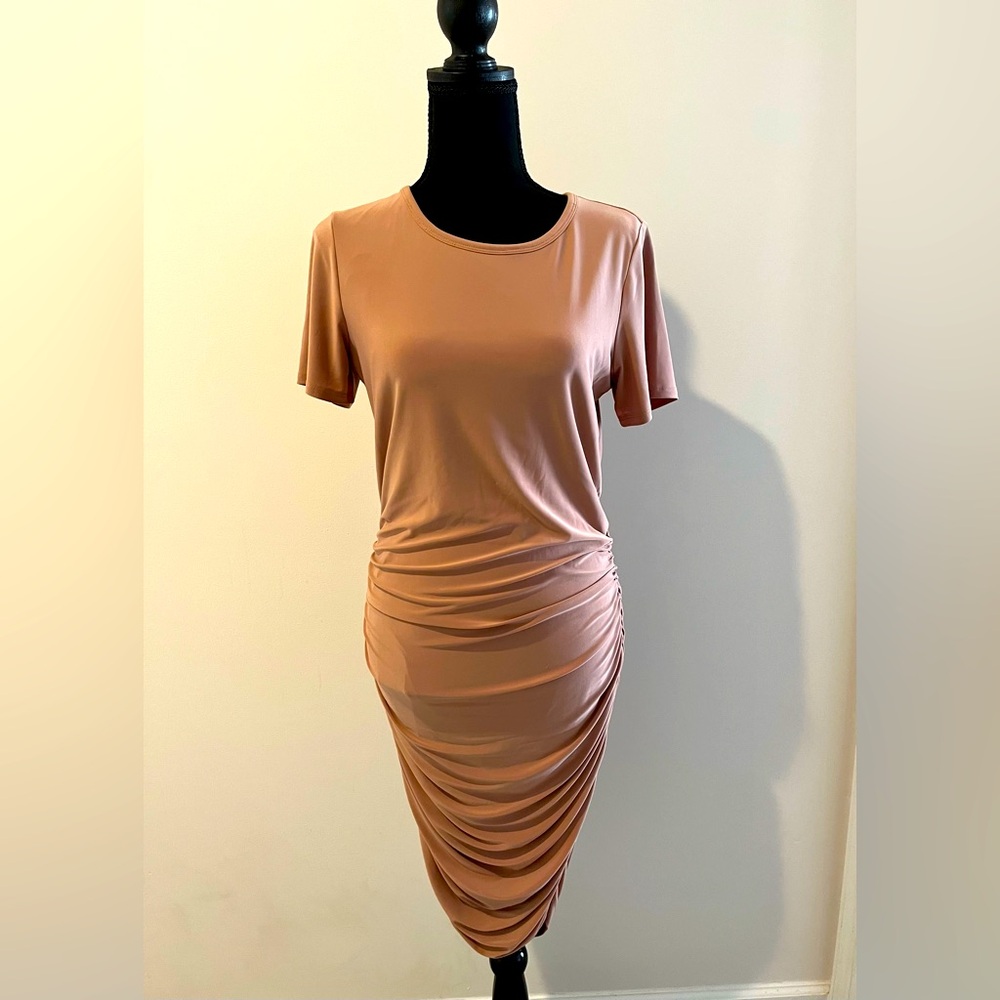 Express Tan Midi Dress with Ruched Skirt
